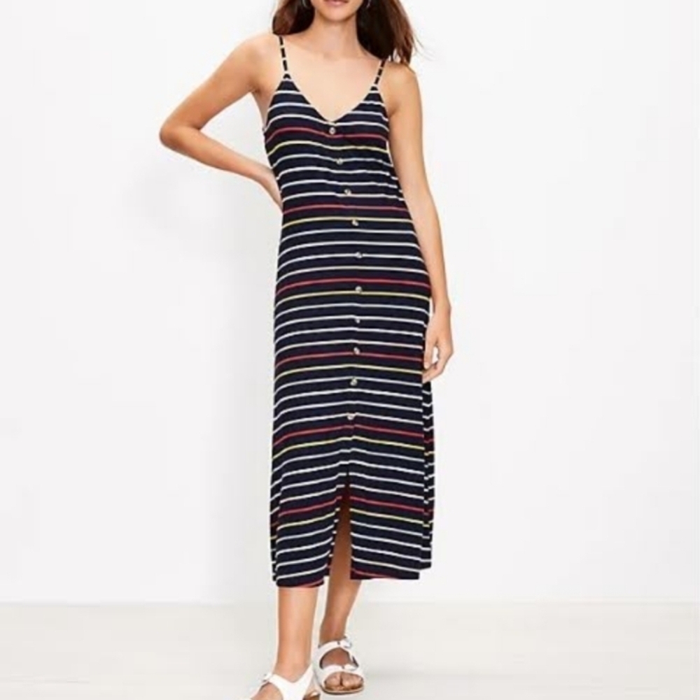 LOFT Striped Button Trim Maxi Dress, size M